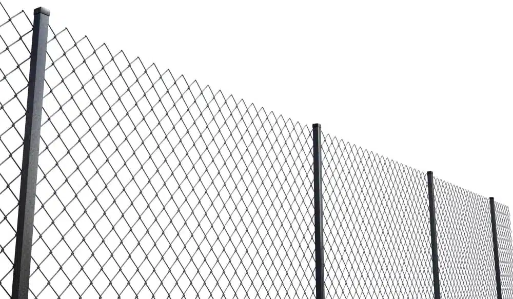 Black vinyl-coated chain link fence fabric on dark steel posts