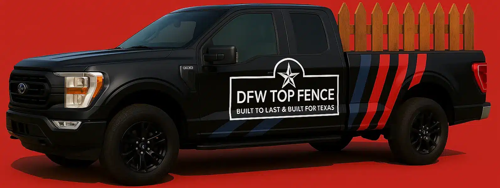 The DFW Top Fence branded truck loaded with cedar fence pickets