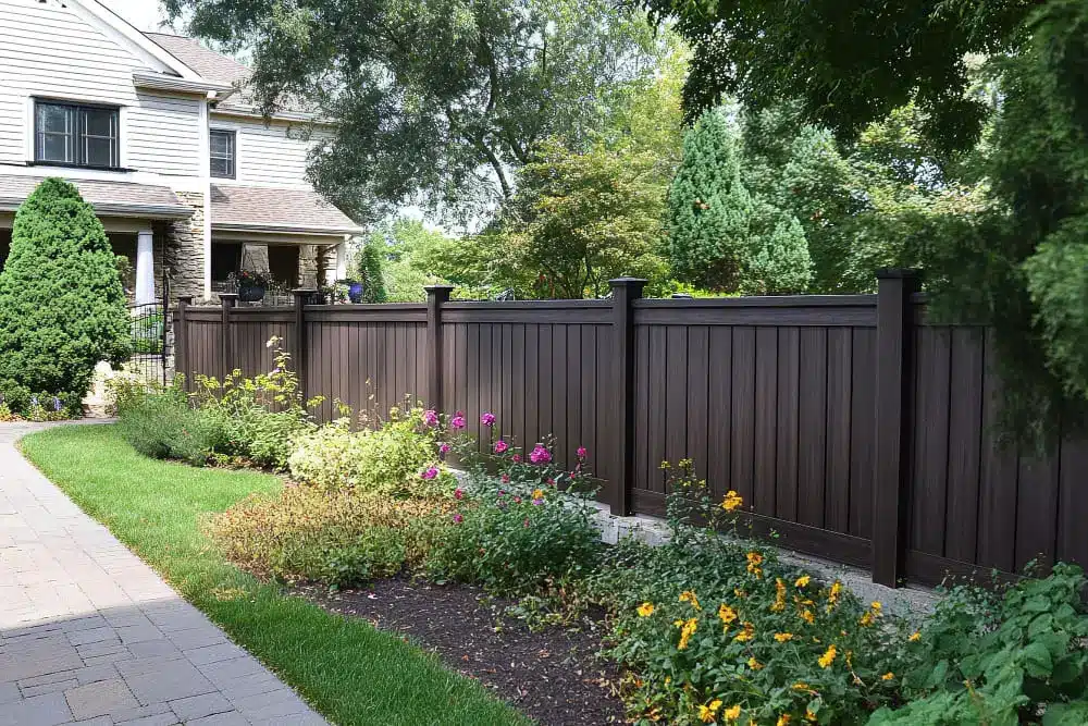 Dark brown Trex composite privacy fence behind a landscaped flower bed