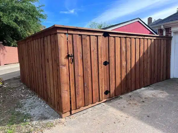 Cedar walk gate with heavy-duty hardware in a DFW backyard fence