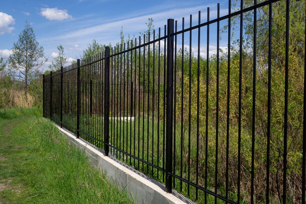 Black wrought iron picket fence installed on a concrete curb